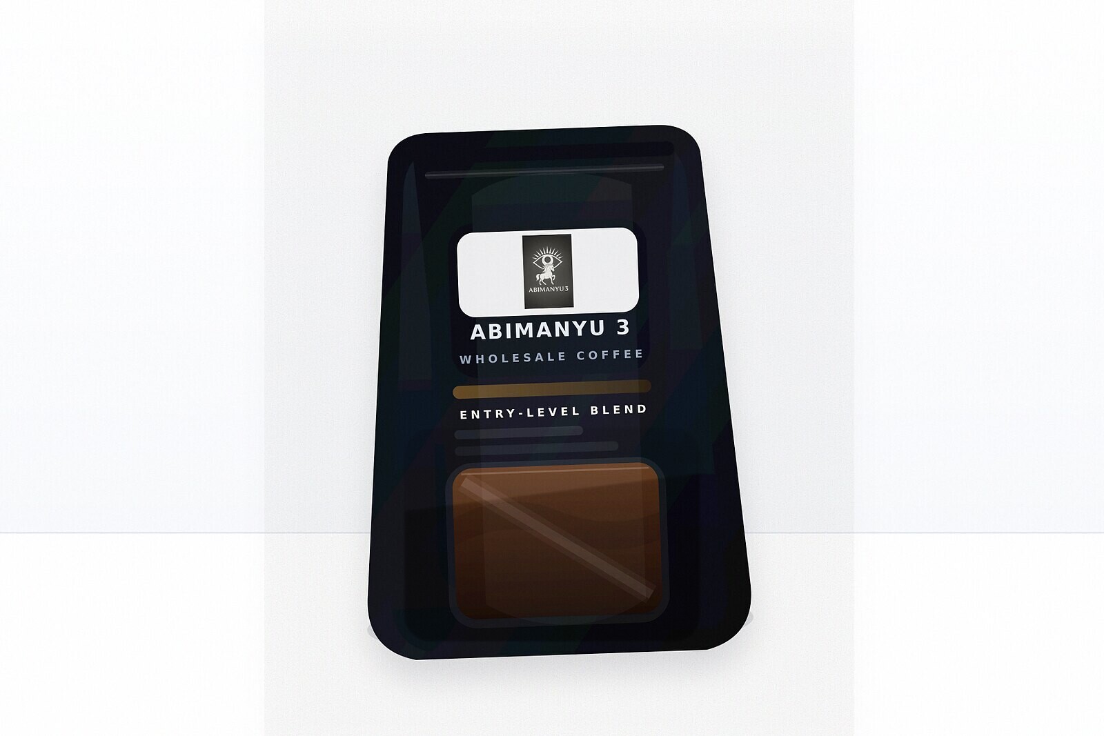Photo-style mockup of an entry-level coffee blend in a premium matte black stand-up packet with the Abimanyu 3 logo and a subtle window showing coffee inside.