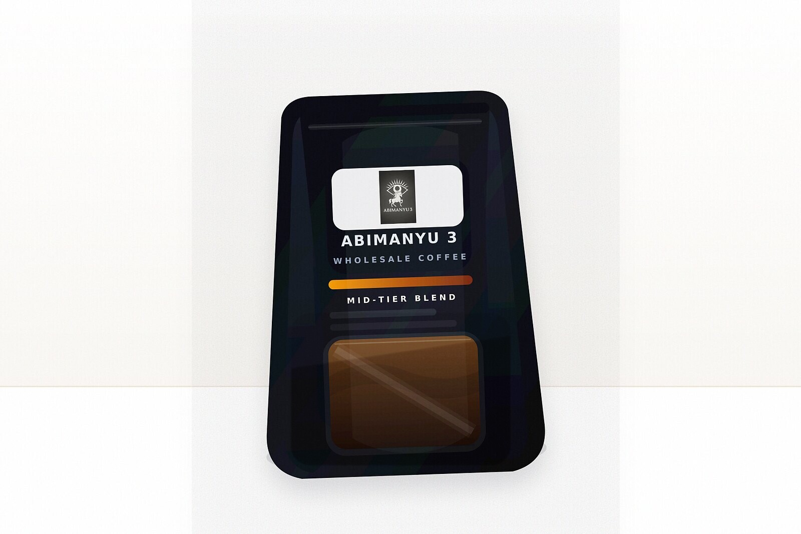 Photo-style mockup of a mid-tier coffee blend in a premium matte black stand-up packet with the Abimanyu 3 logo, caramel/chocolate accents, and a subtle window showing coffee inside.