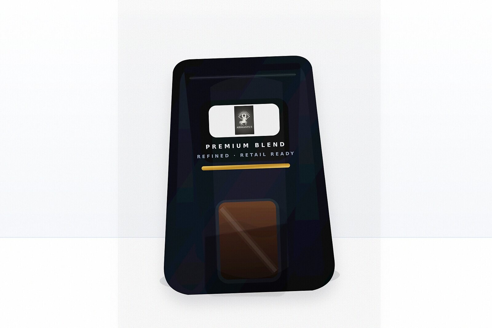 Photo-style mockup of a premium coffee blend in an elegant matte black stand-up packet with refined Abimanyu 3 branding and a subtle window implying coffee powder inside.